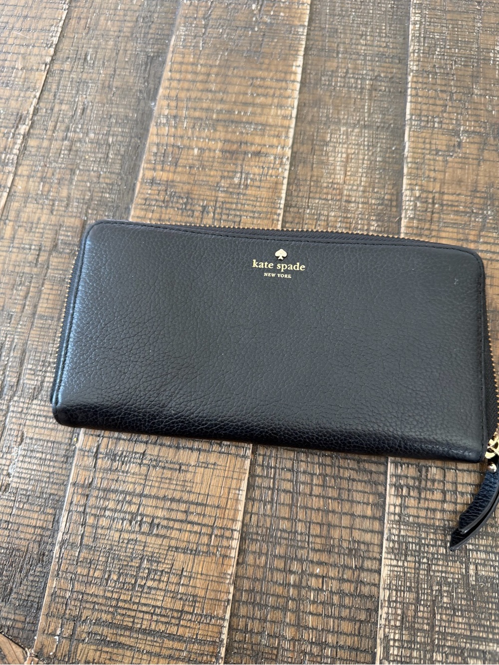 kate spade Black Leather Zip-Around Continental Wallet with Gold Logo
